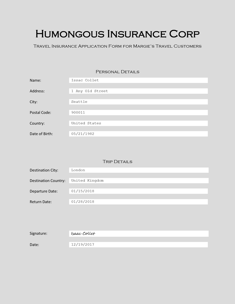 Screenshot of a sample insurance form.