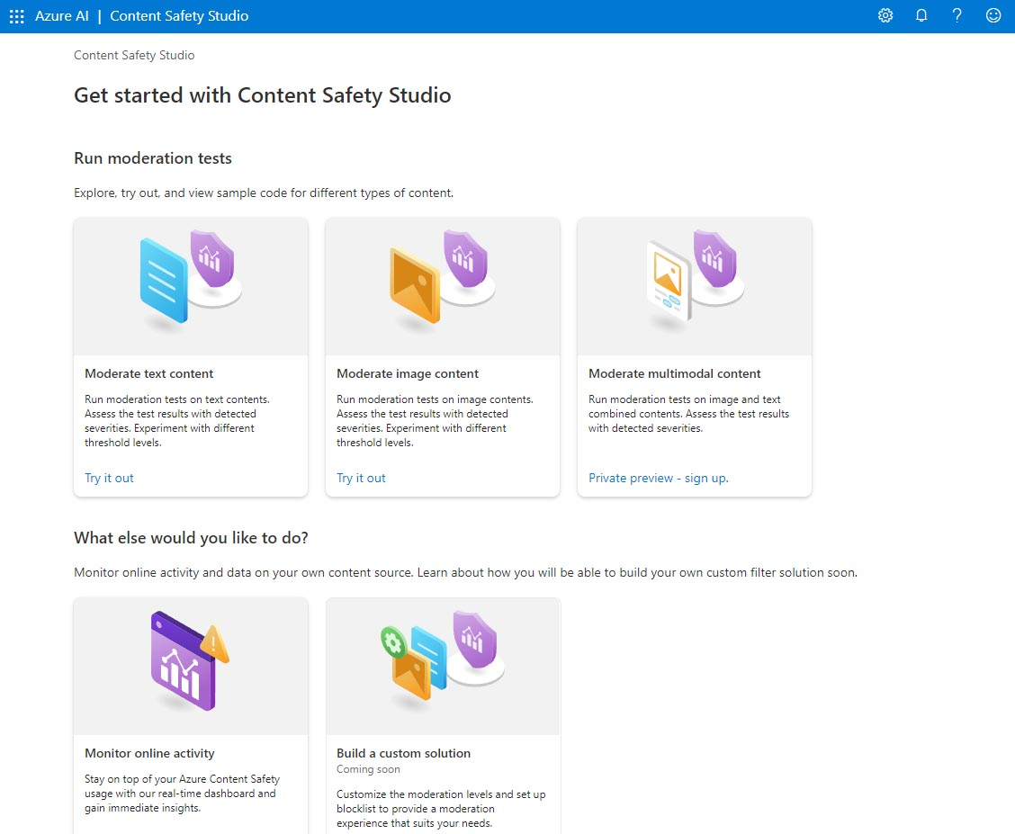Screenshot der Startseite von Content Safety Studio.
