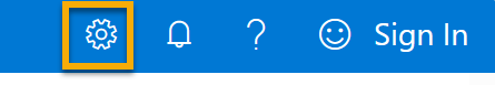 Ein Screenshot des Symbols „Einstellungen“ oben rechts auf dem Bildschirm, neben den Symbolen Glocke, Fragezeichen und Smiley.