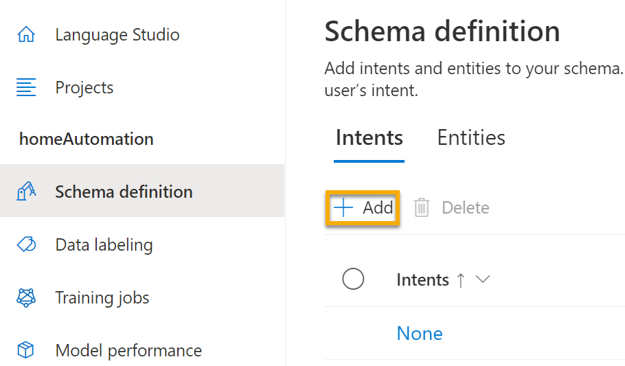Wählen Sie im Bereich „Buildschema“ unter „Absichten“ „Hinzufügen“ aus.
