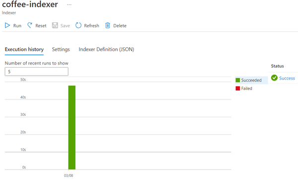 Screenshot des erfolgreich erstellten Indexers „coffee-indexer“.