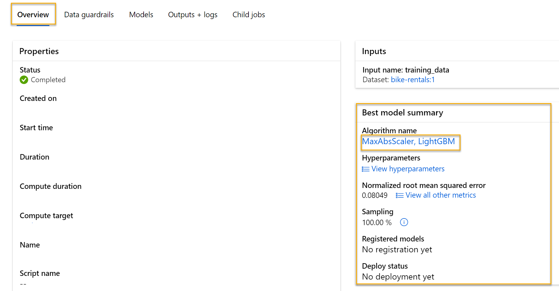 Screenshot: Zusammenfassung des besten Modells des automatisierten Machine Learning-Auftrags mit einem Rahmen um den Algorithmusnamen.