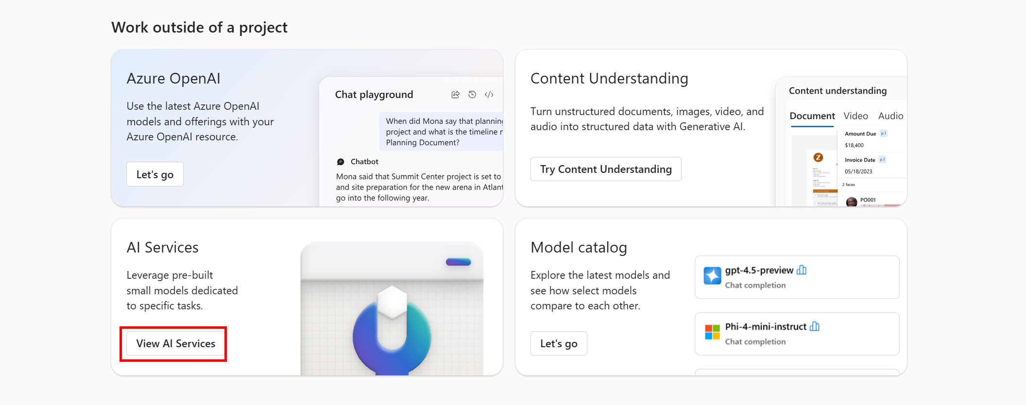 Screenshot des linken Menüs auf dem Projektbildschirm, auf dem „KI Services“ ausgewählt ist.
