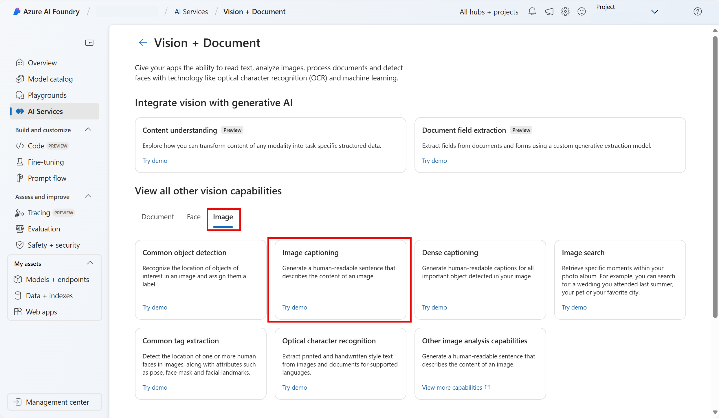Screenshot der Bildbeschriftungs-Kachel im Bildbereich der Seite „Vision und Dokument“.