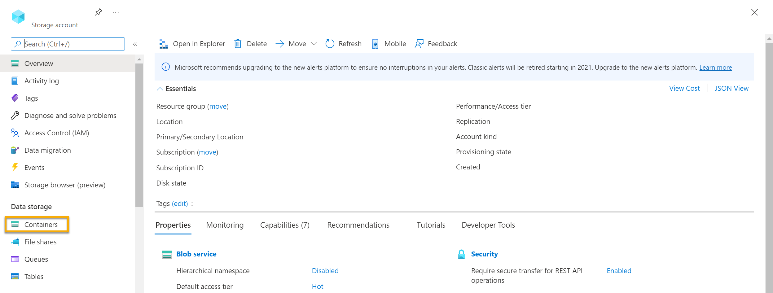 Captura de pantalla que muestra la página de información general de Storage Blob.