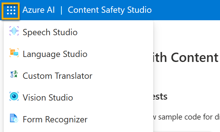 Capture d’écran du menu de Content Safety Studio avec une sélection bascule ouverte pour passer à d’autres studios.