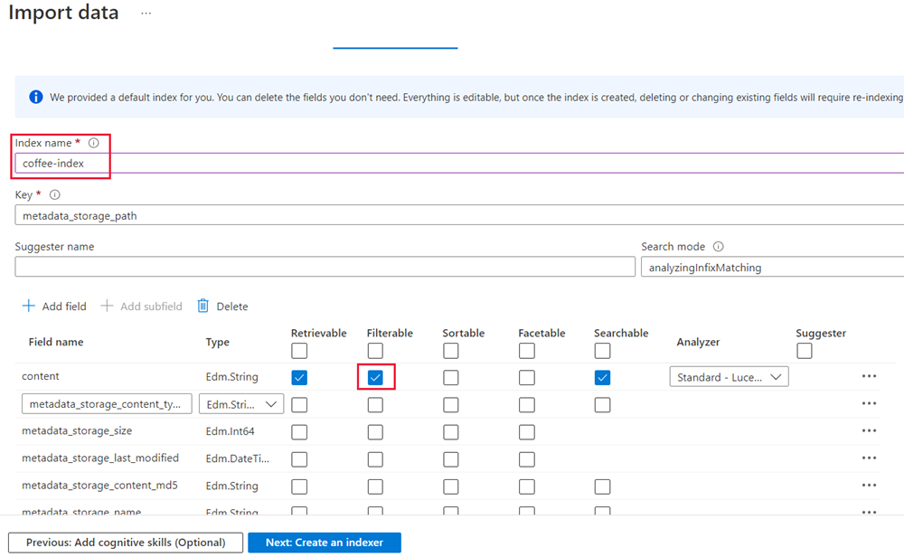 Capture d’écran montrant le volet Personnaliser l’index avec le nom d’index entré et l’option « Filtrable » sélectionnée pour un champ d’index par défaut.