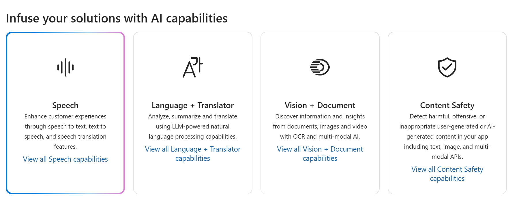 Capture d’écran de la vignette Speech sélectionnée dans la page Services d’IA.