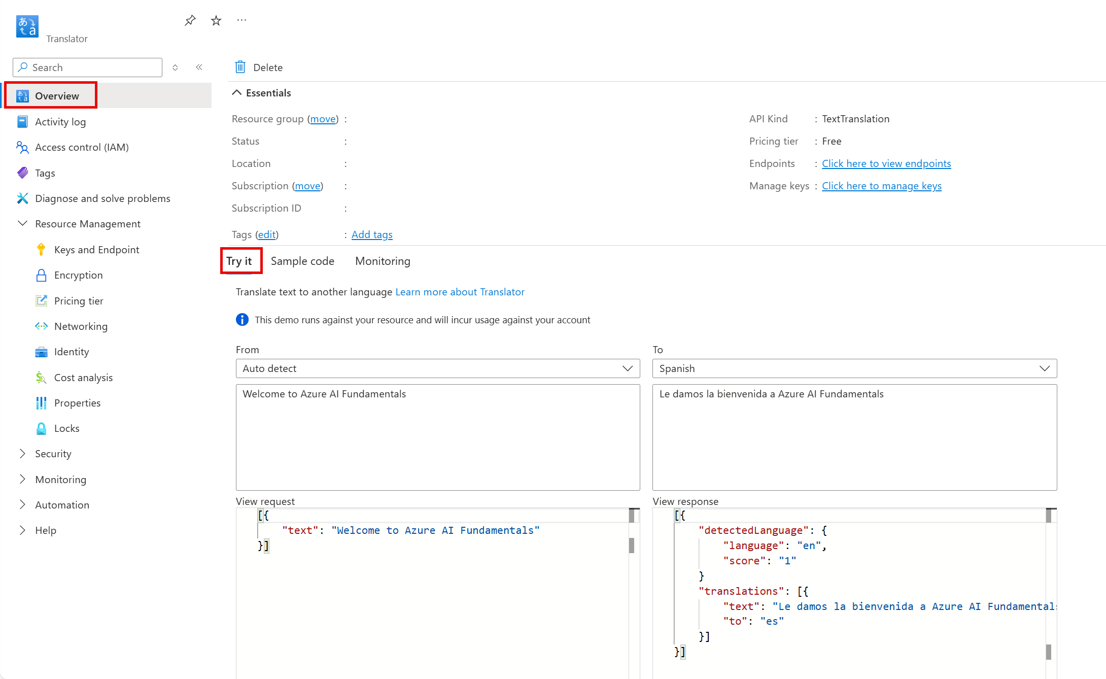 Capture d’écran de la page Vue d’ensemble de la ressource Traducteur.