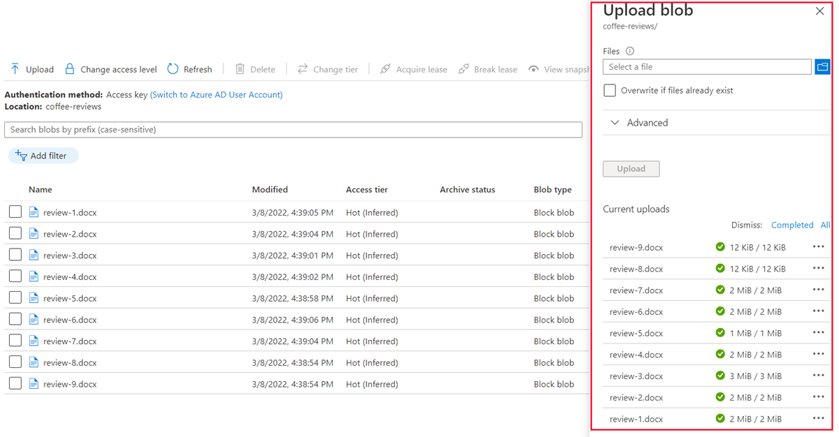 Cuplikan layar yang menampilkan file yang diunggah ke kontainer Azure.