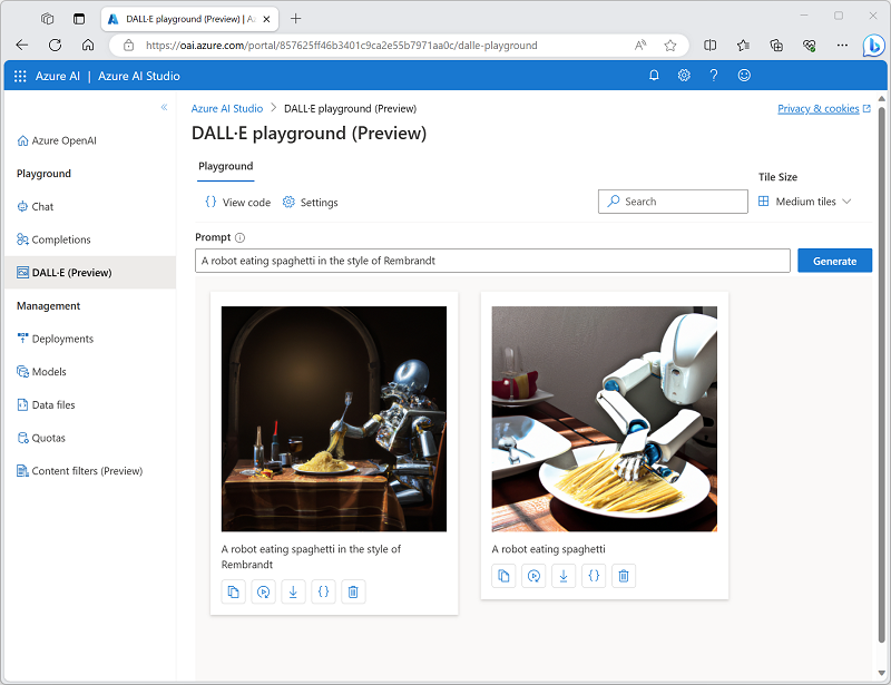 Cuplikan layar gambar yang dihasilkan DALL-E di Azure OpenAI Studio.