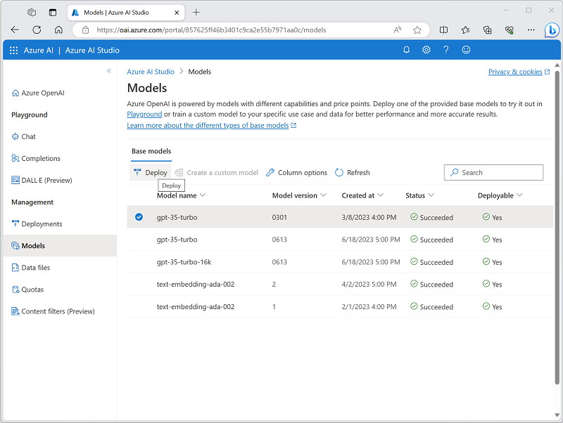 Cuplikan layar halaman Model di Azure AI Studio.