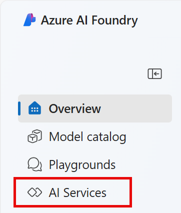 Screenshot del menu a sinistra nella schermata del progetto con Servizi di intelligenza artificiale selezionato.