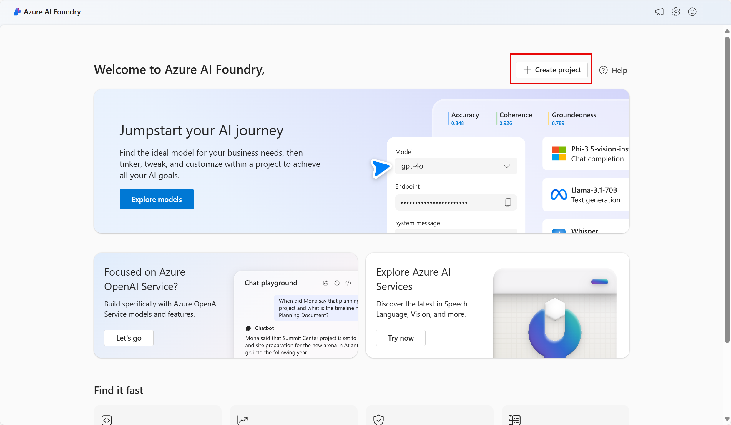 Screenshot della home page di Fonderia Azure AI con Crea un progetto selezionato.