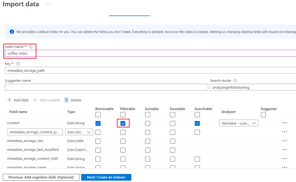 Screenshot che mostra il riquadro Indice personalizzato con il nome dell'indice già inserito e il parametro "Filtrabile" selezionato per un campo di indice predefinito.