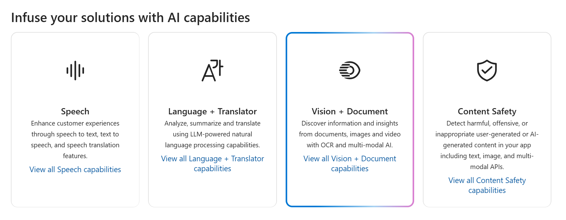 Screenshot del riquadro Visione e documento selezionato nella pagina Servizi di intelligenza artificiale.