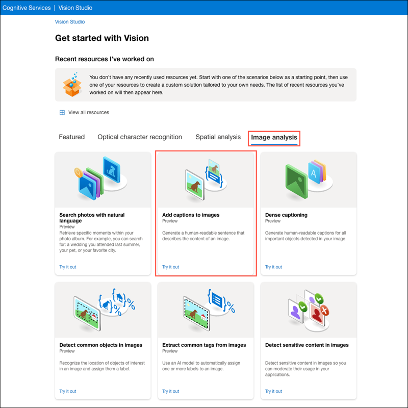 Vision Studio のホーム ページで、[画像解析] タブが選択され、強調表示されています。 [Add captions to images](画像にキャプションを追加する) タイルが強調表示されています。