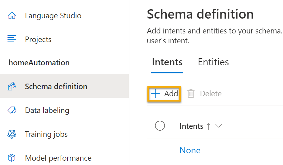 [Build Schema](スキーマのビルド) ペインの [意図] の下にある [追加] をクリックします。