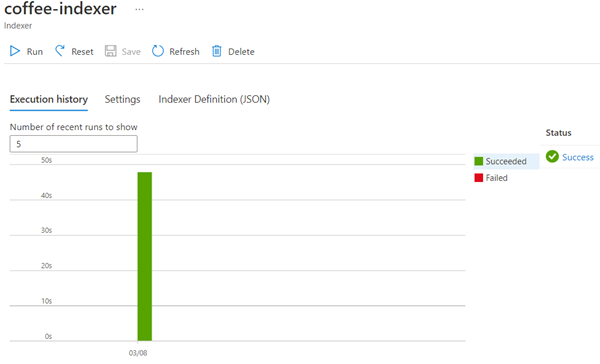 coffee-indexer インデクサーが正常に作成されたことを示すスクリーンショット。