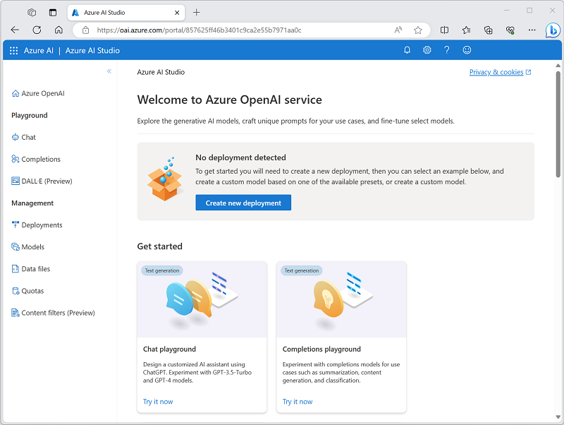 Azure OpenAI Studio のスクリーンショット。