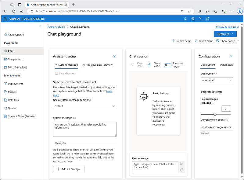 Azure OpenAI Studio の [チャット] プレイグラウンドのスクリーンショット。