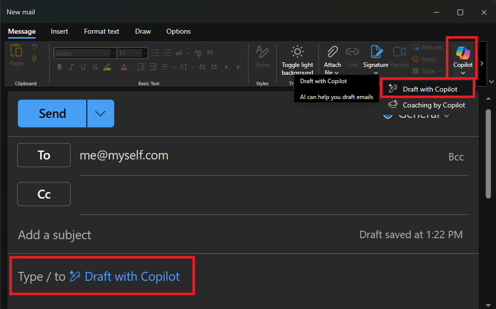 Outlook と、Copilot でメールの下書きを作成するためのオプションを示すスクリーンショット。