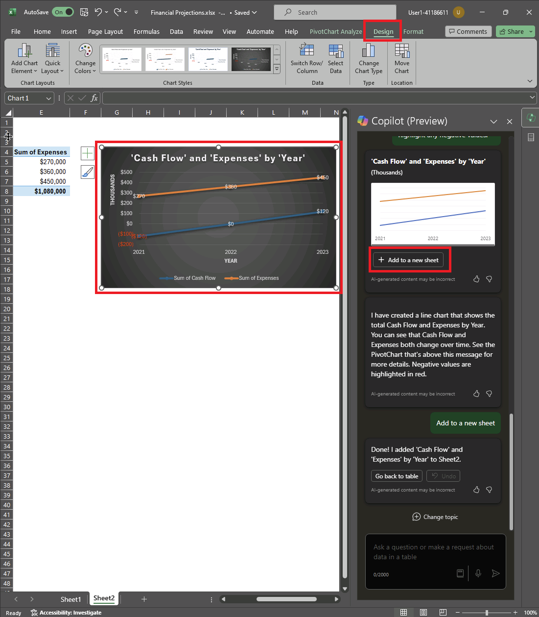 ピボットグラフを追加する Copilot in Excel のスクリーンショット。