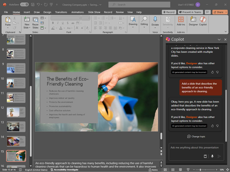 PowerPoint プレゼンテーションで新しいスライドが作成されたスクリーンショット。