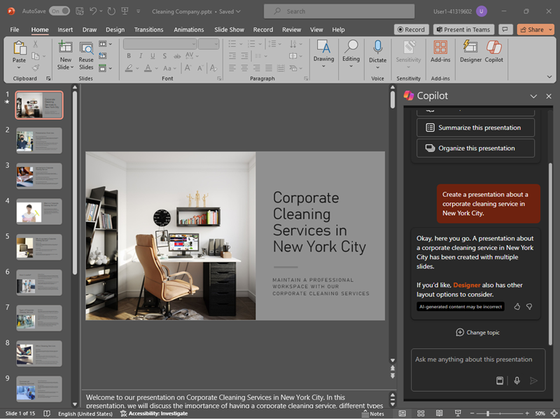 Word ドキュメントから Copilot によって作成された PowerPoint プレゼンテーションのスクリーンショット。