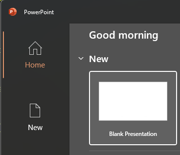 PowerPointで新しい空白のプレゼンテーションを作成するスクリーンショット。