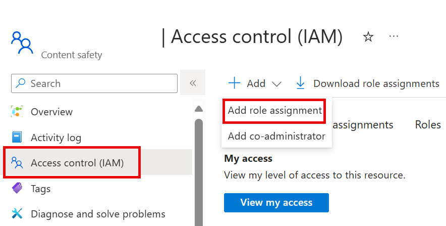 Captura de tela de onde selecionar adicionar atribuição de função no painel Controle de Acesso.