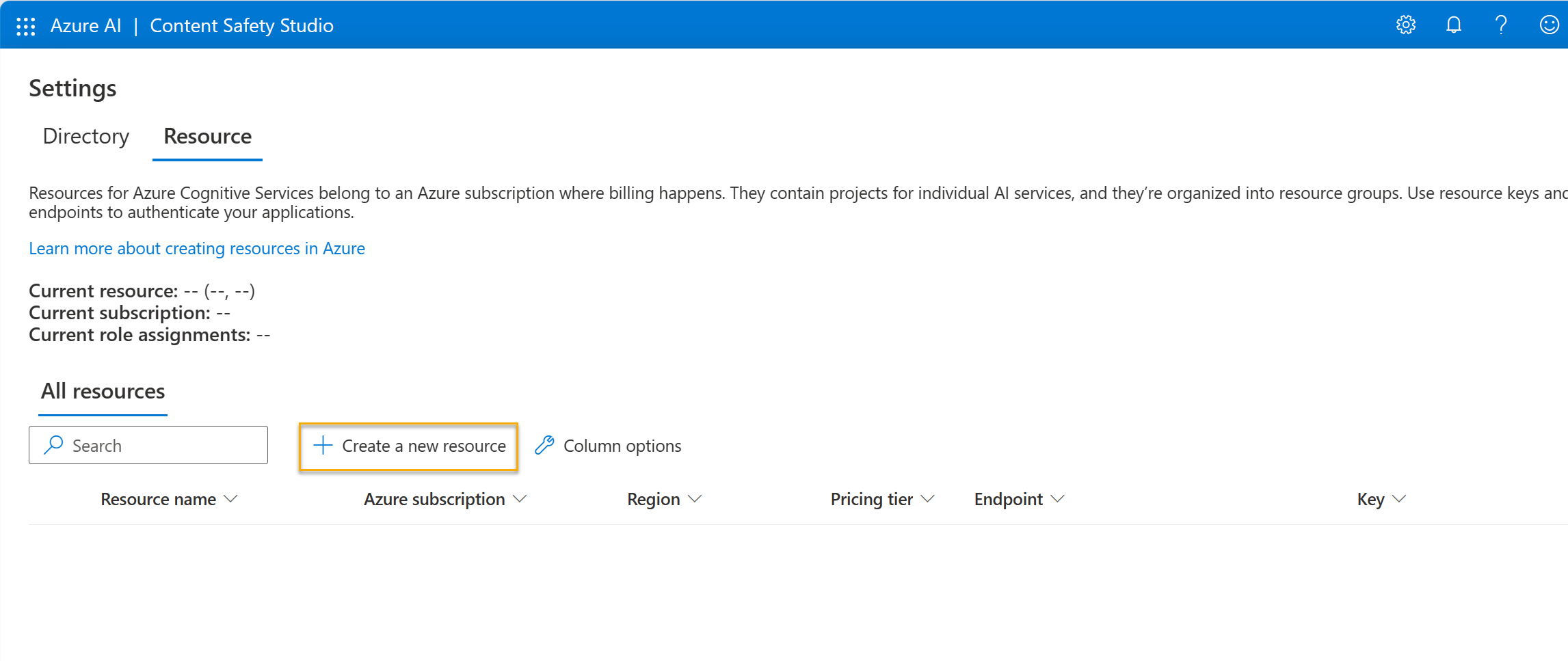 Captura de tela de onde selecionar criar um recurso na página de configurações do Content Safety Studio.