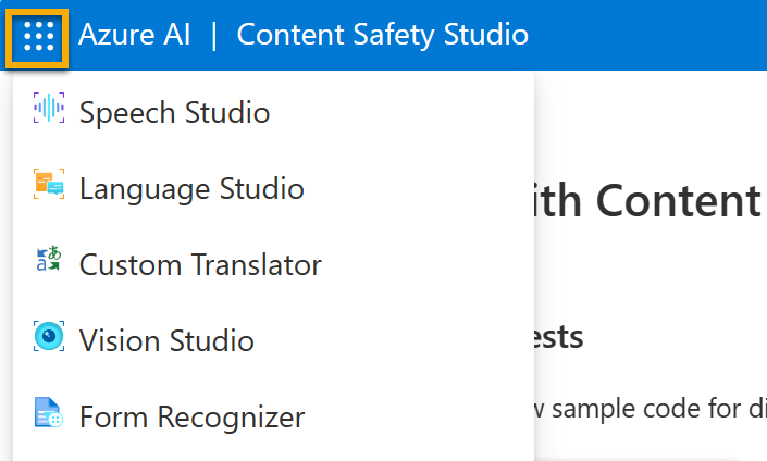 Uma captura de tela do menu do Content Safety Studio com uma seleção de alternância aberta para alternar para outros estúdios.