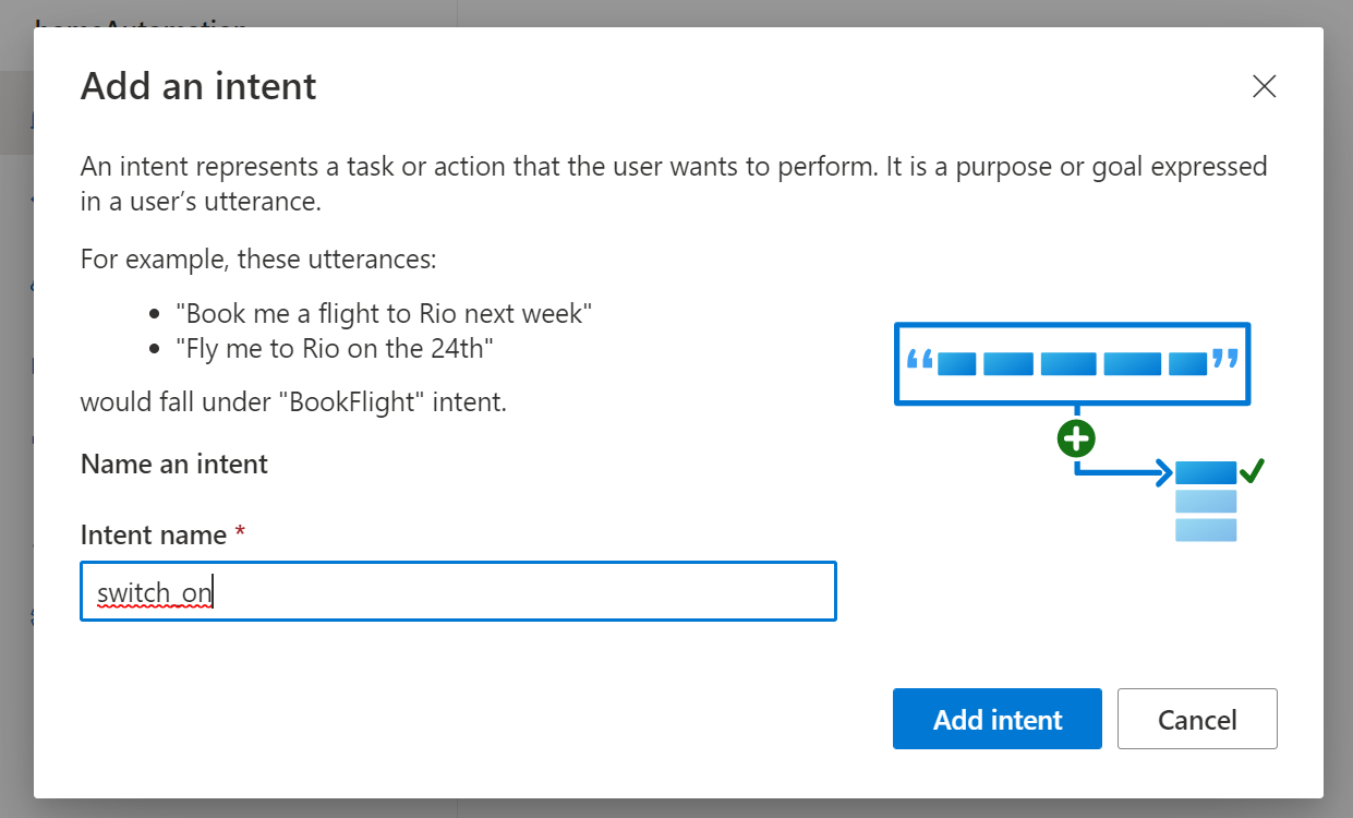 Adicione a intenção switch_on e selecione Adicionar intenção.