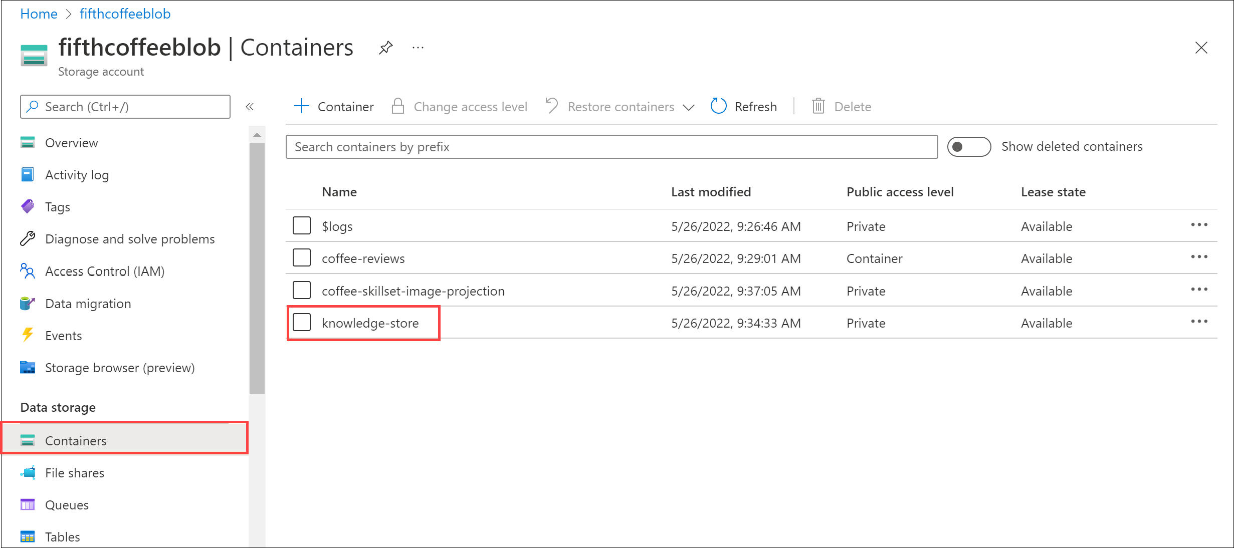 Captura de tela do contêiner do repositório de conhecimento.