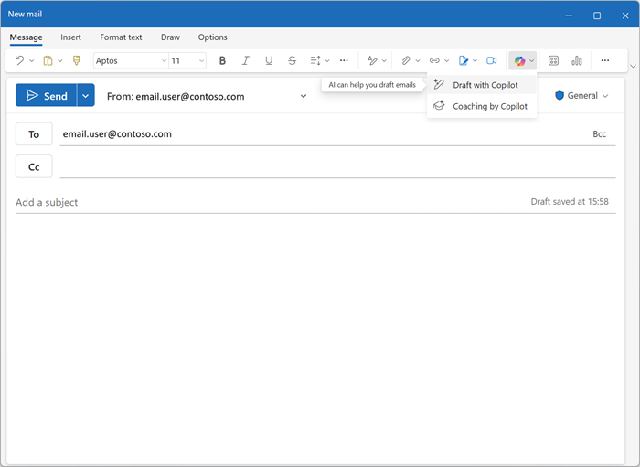 Captura de tela do Outlook e as opções para elaborar um email com o Copilot.