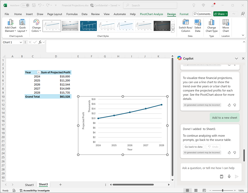 Captura de tela do Copilot no Excel adicionando um Gráfico Dinâmico.