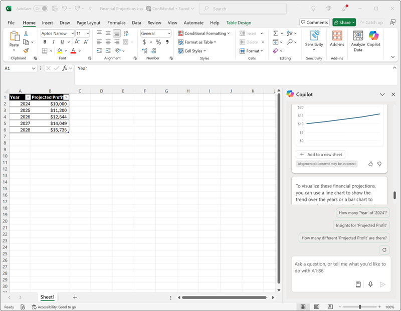 Captura de tela do Copilot no Excel visualizando projeções financeiras.