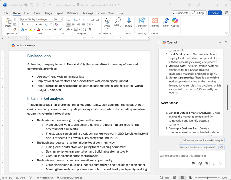 Word 中 Copilot 窗格的屏幕截图，其中包含响应。