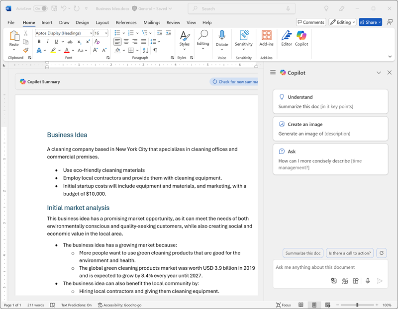 Microsoft Word 中 Copilot 窗格的屏幕截图。