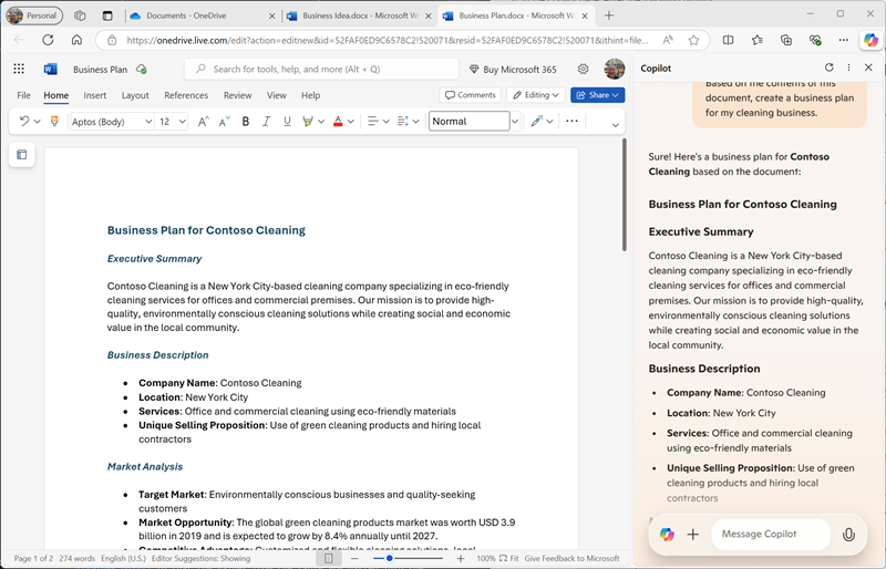 包含 Copilot 生成的商业计划的 Word 文档的屏幕截图。
