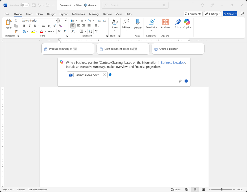 Copilot 撰寫商務計畫草稿的螢幕擷取畫面。