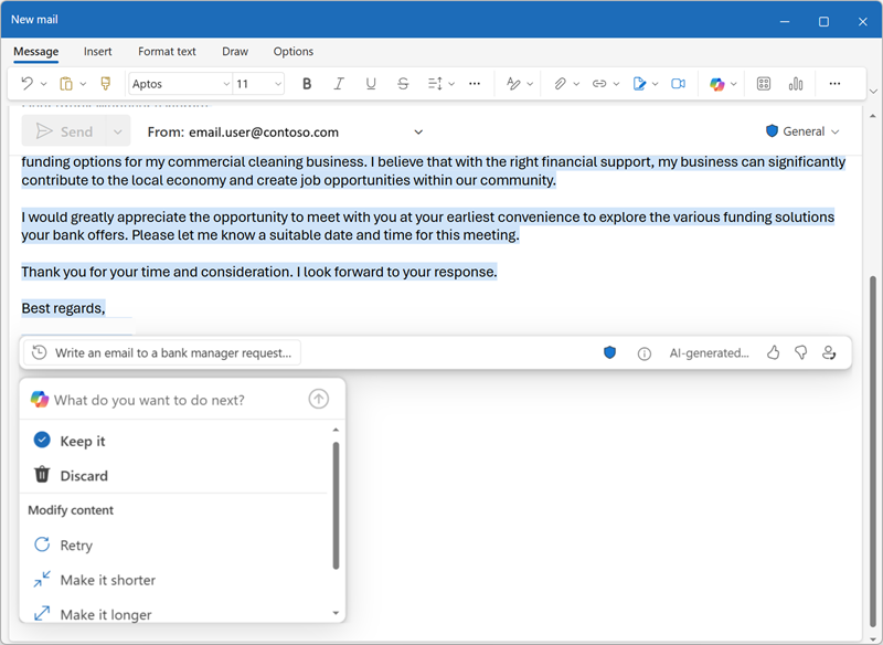 在 Outlook 中使用 Copilot 撰寫電子郵件草稿的螢幕擷取畫面。