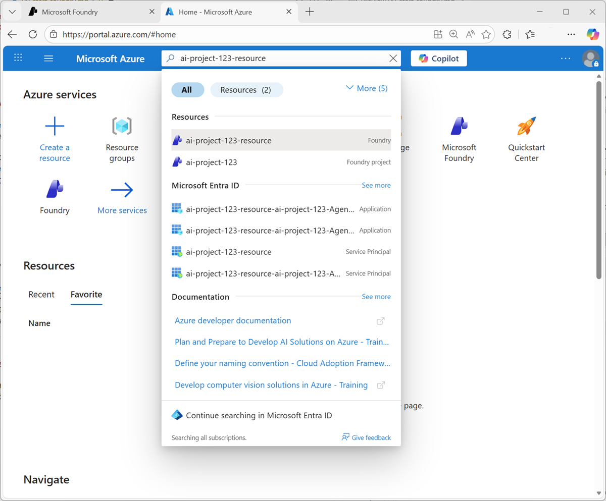 Screenshot of Azure portal search results.