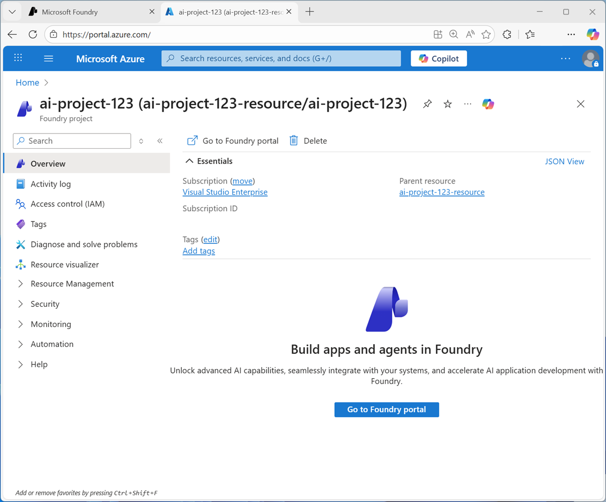 Screenshot of Azure portal Foundry project page.