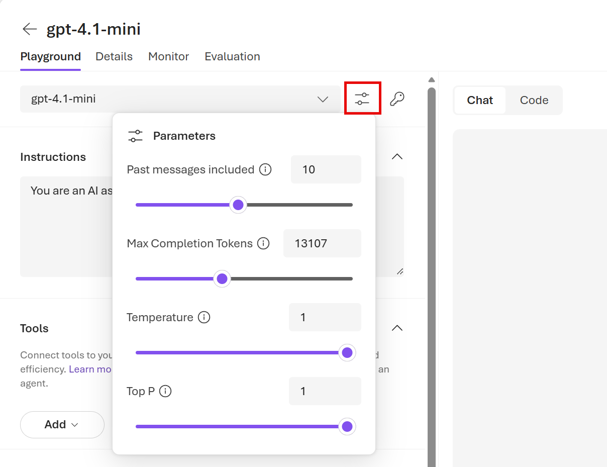 Screenshot of where to find the Parameters icon.