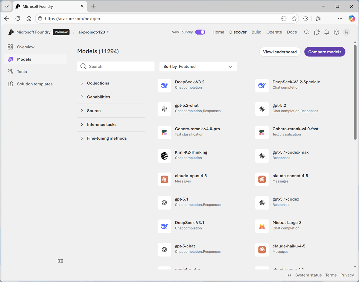 Screenshot of the AI Foundry model catalog.