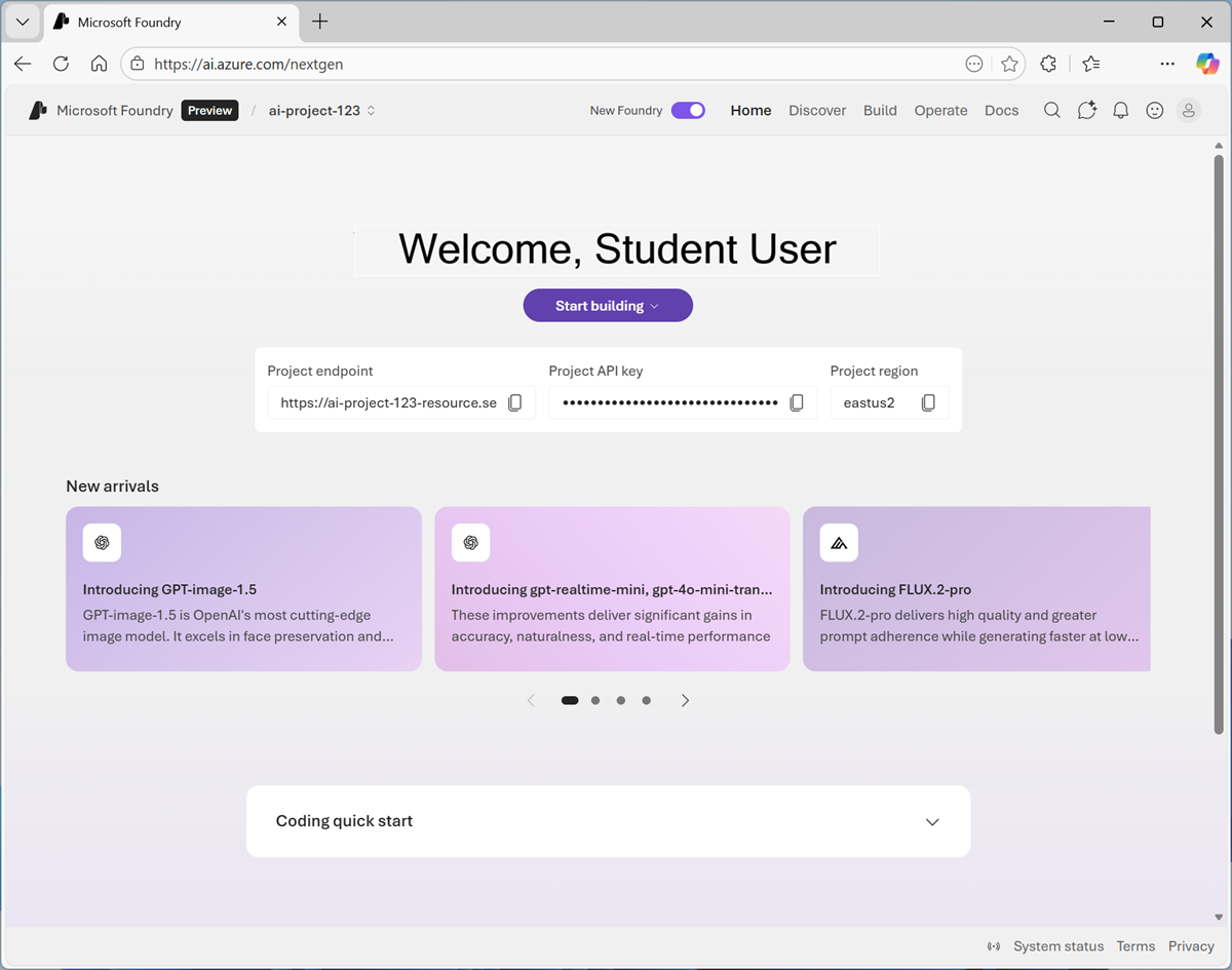 Screenshot of the AI Foundry project home page.