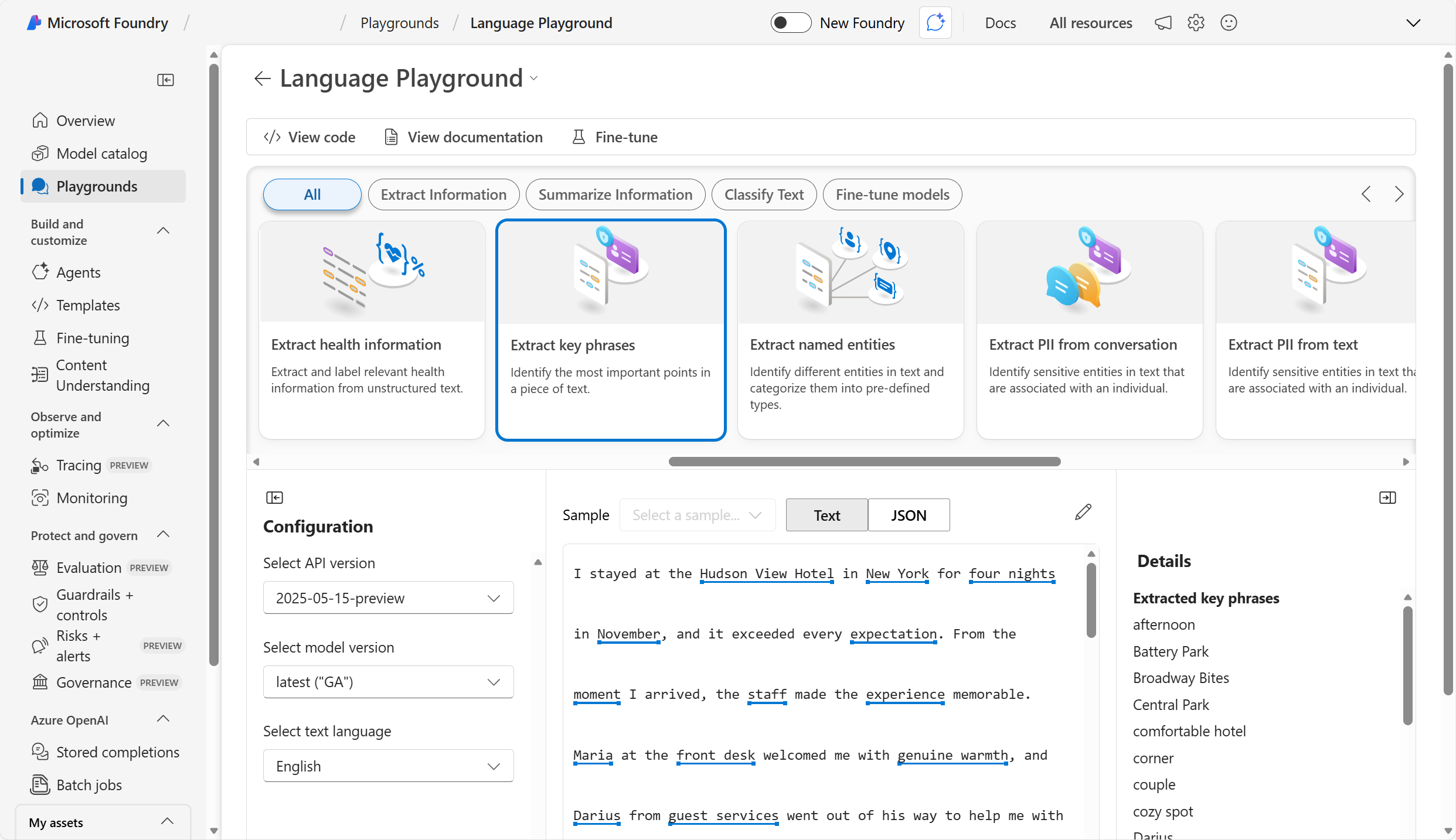 Screenshot of the Extract key phrases interface in the Language playground.