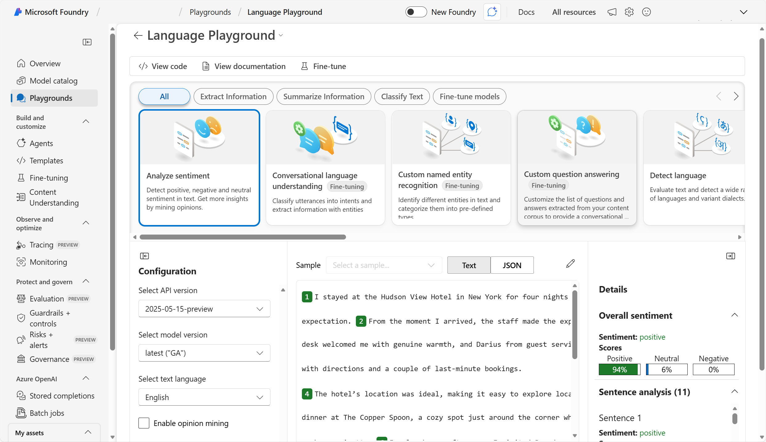 Screenshot of the sentiment analysis interface in the Language playground.